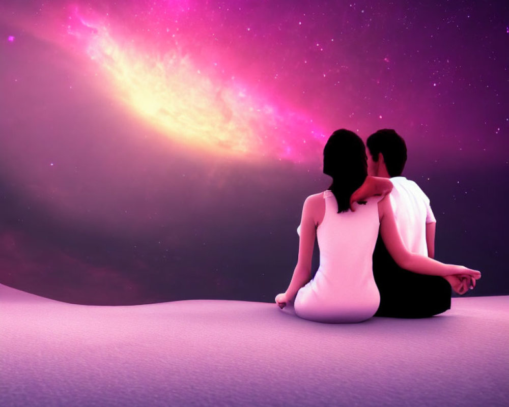 Couple admiring vibrant purple galaxy in serene setting