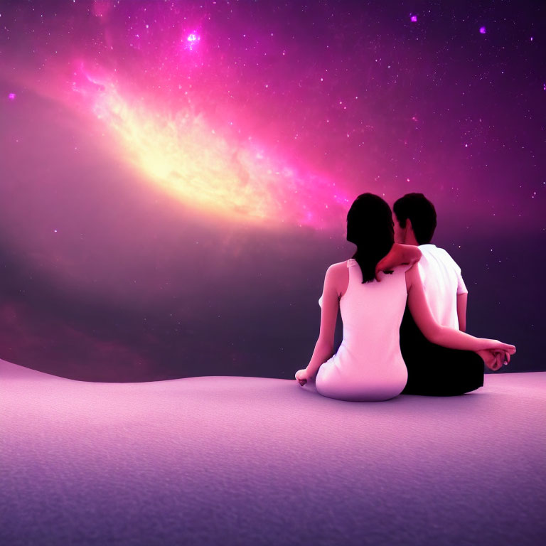 Couple admiring vibrant purple galaxy in serene setting