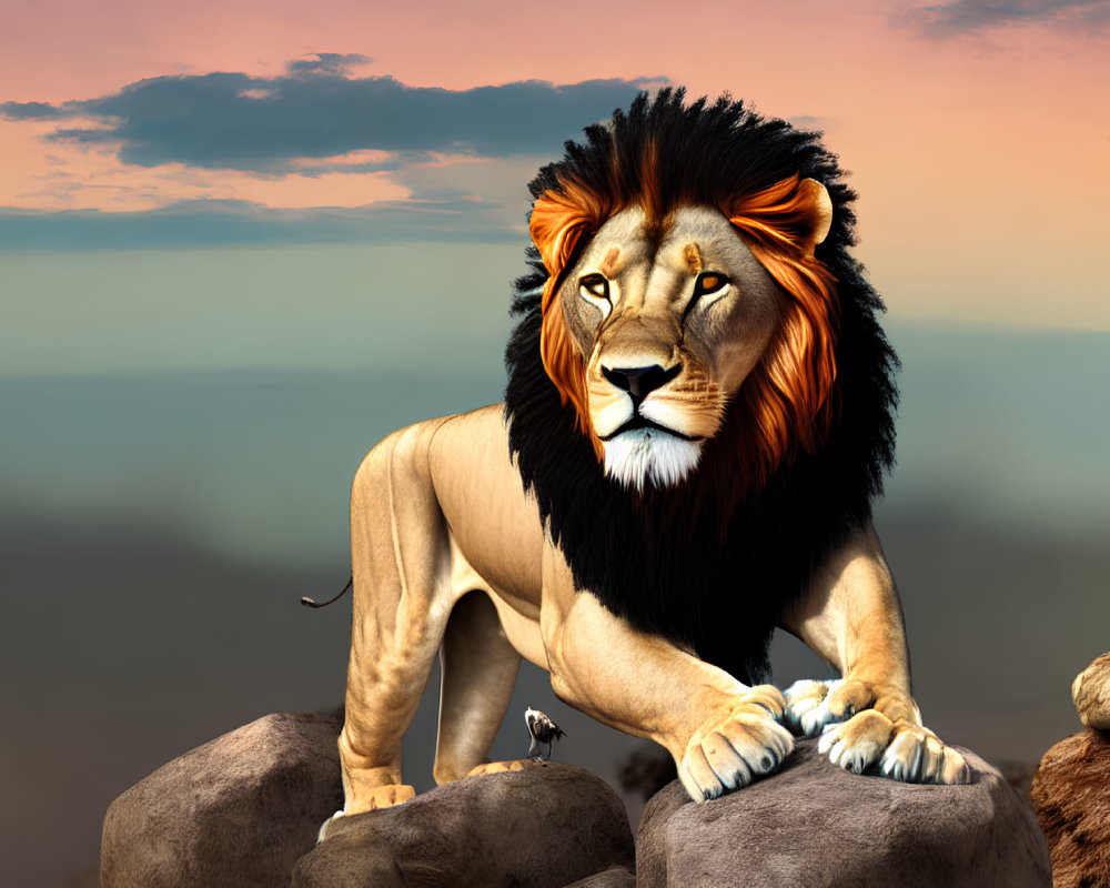 Majestic lion with thick mane on rocky outcrop at sunrise or sunset