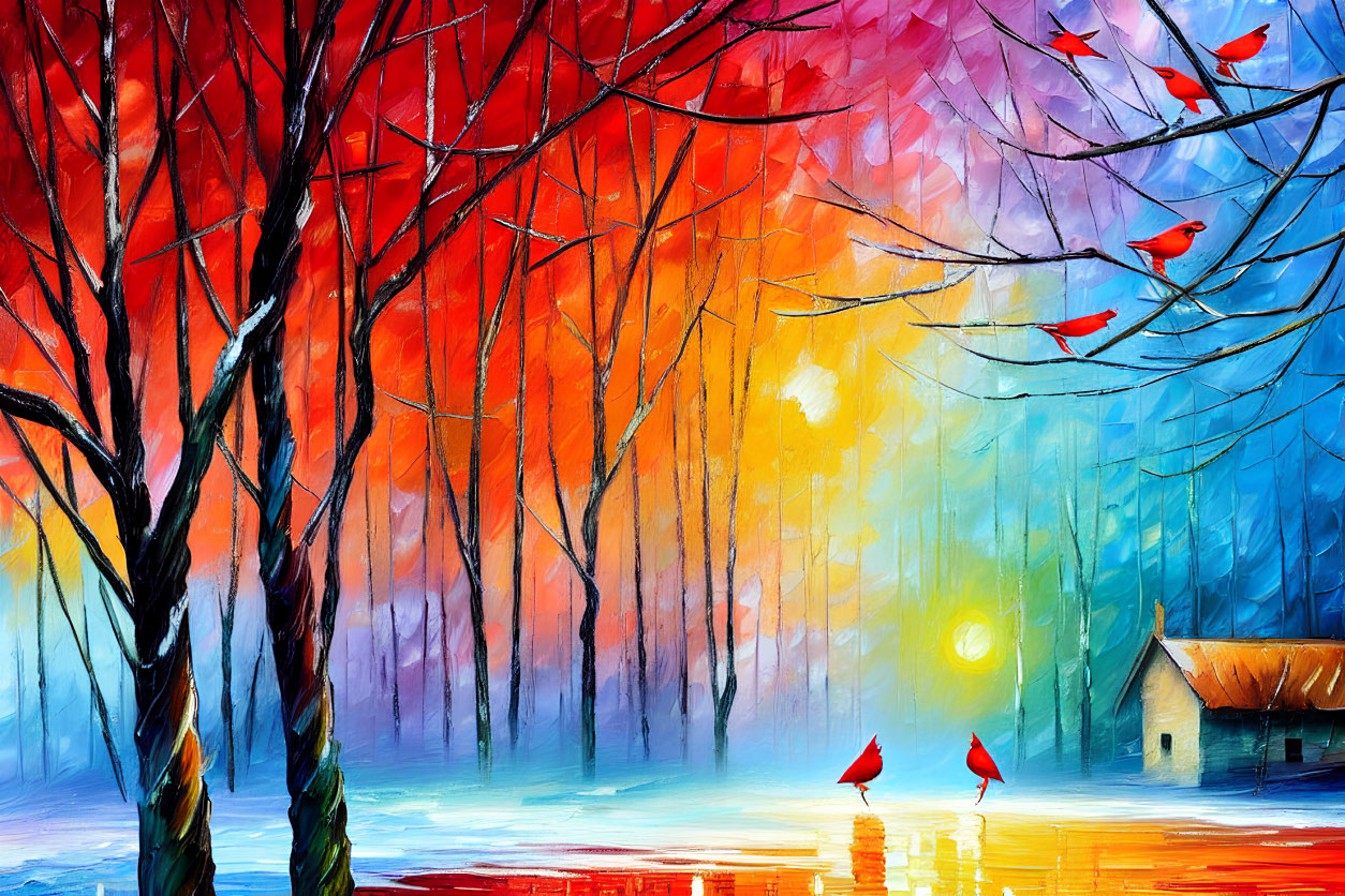 Colorful forest painting with red birds, house, and sun reflection.