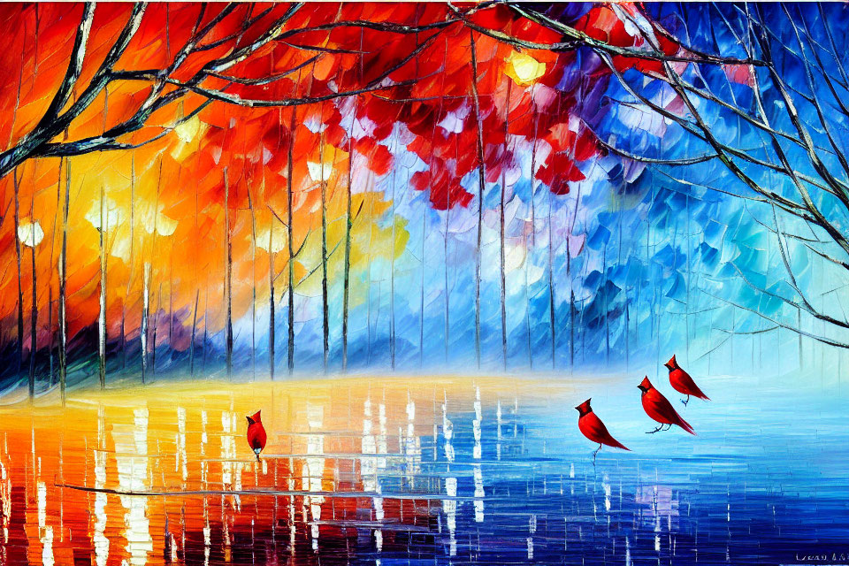 Colorful autumn forest painting with blue haze and red birds over water