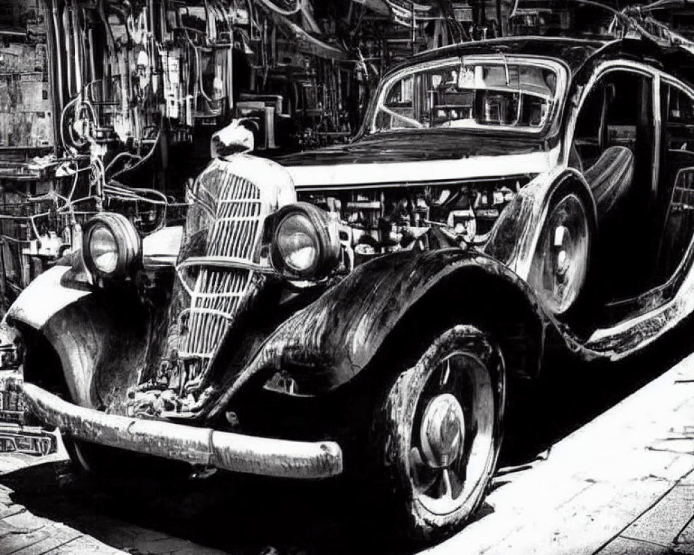 Vintage Car with Open Hood in Grayscale Garage