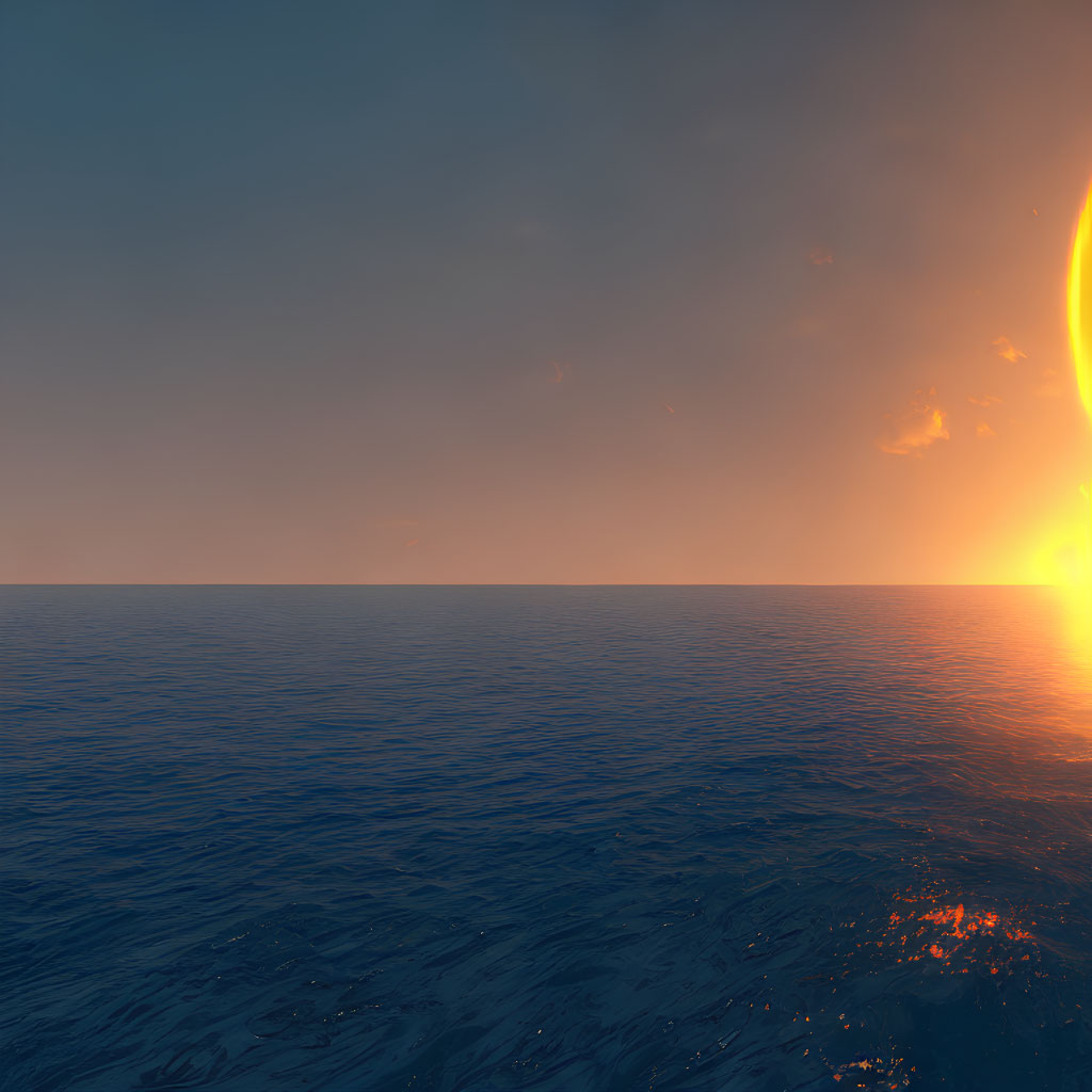 Tranquil ocean sunset with large sun setting below horizon