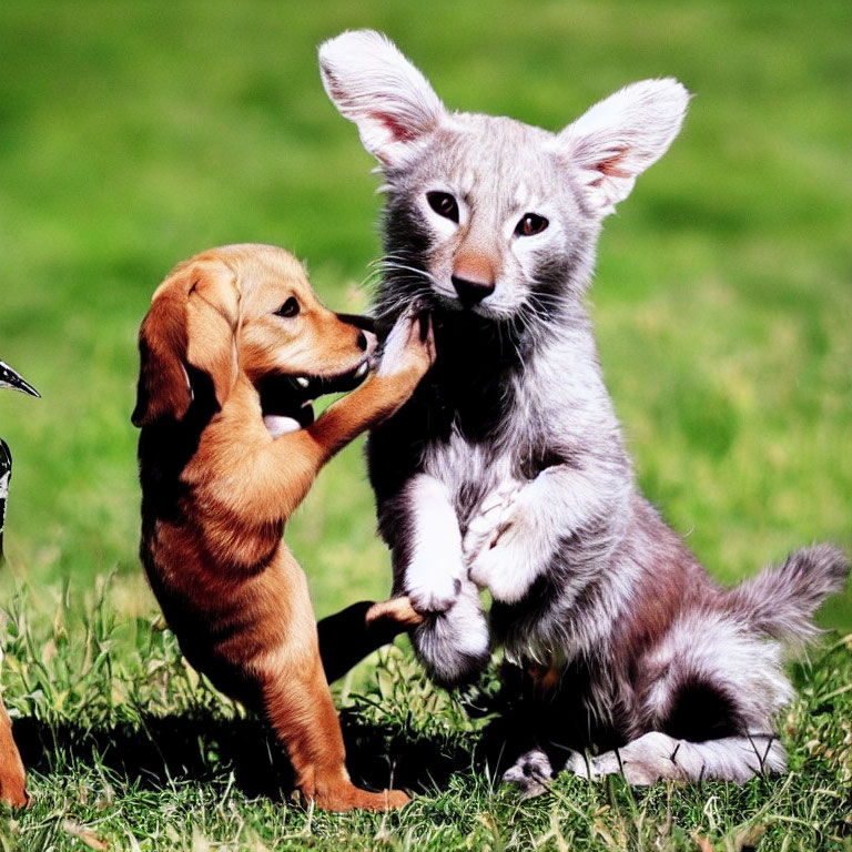 Playful puppy interacts with digitally altered kitten on grassy field