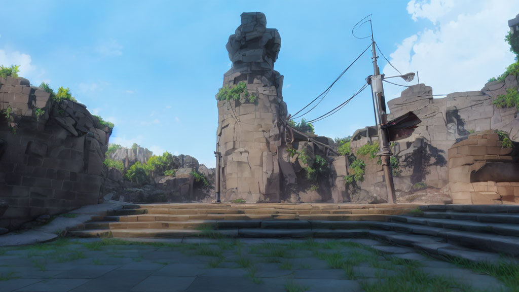 3D-rendered sunlit scene with ancient rock structures, shipwreck, vines, and stone