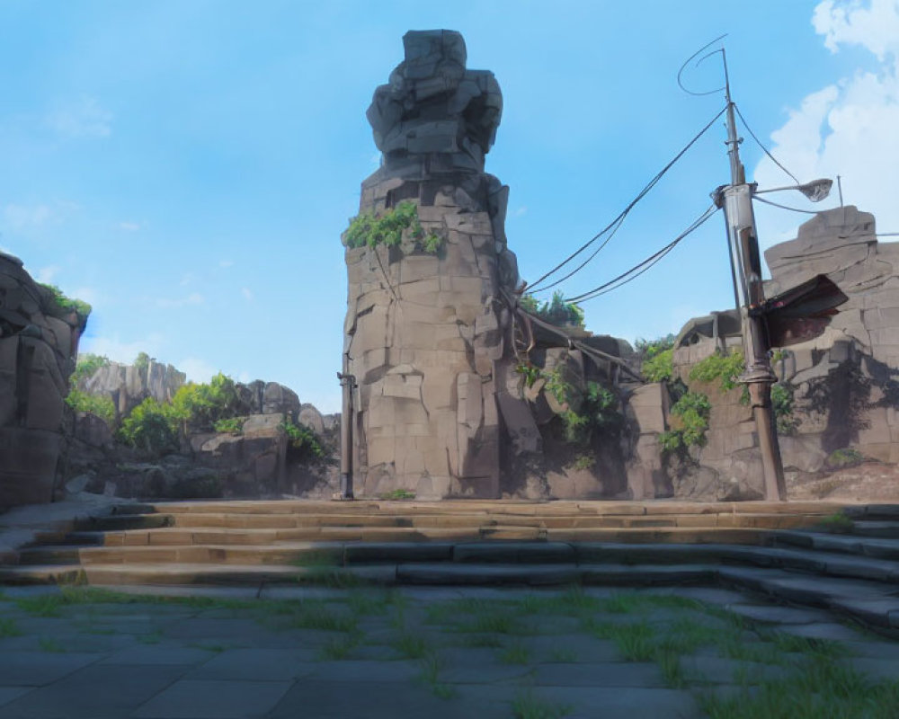 3D-rendered sunlit scene with ancient rock structures, shipwreck, vines, and stone