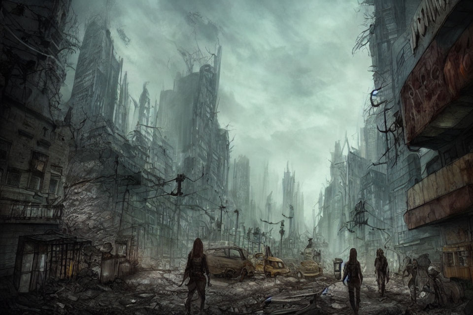 Dystopian cityscape with ruined buildings and silhouetted figures