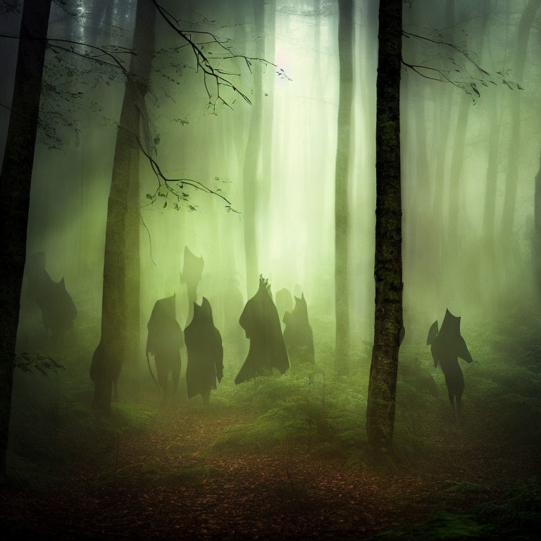 Mystical forest with silhouettes, green mist, and light beams