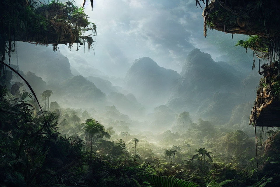 Misty mountains and dense jungle in lush green scenery