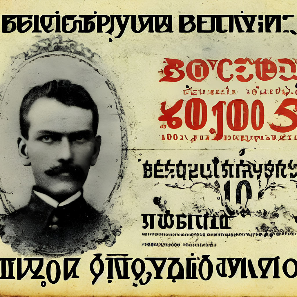 Vintage-Style Poster Featuring Man with Prominent Mustache and Cyrillic Text