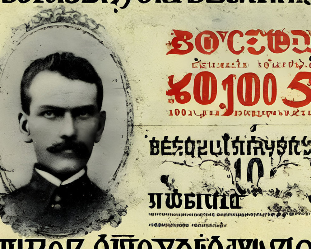 Vintage-Style Poster Featuring Man with Prominent Mustache and Cyrillic Text