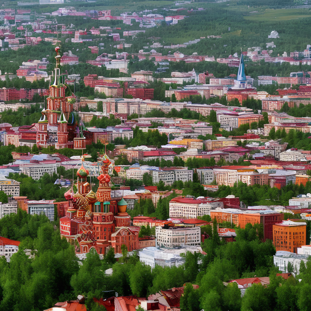 Colorful Architecture and Onion Domes in Cityscape Aerial View