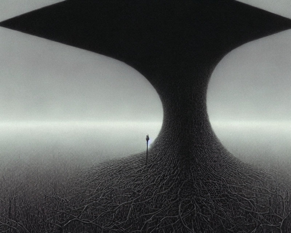 Solitary Figure Under Massive Surreal Tree in Misty Landscape