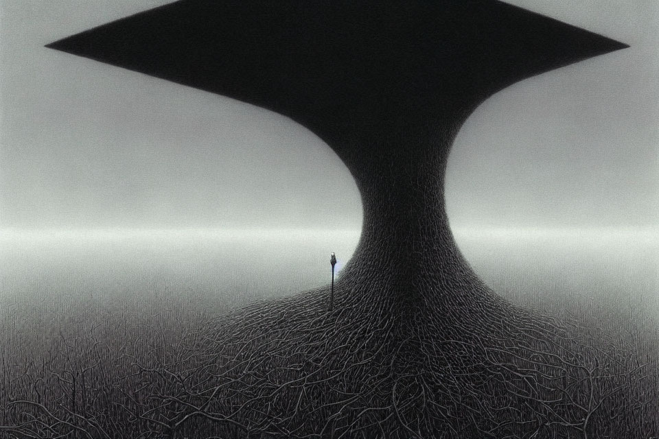 Solitary Figure Under Massive Surreal Tree in Misty Landscape