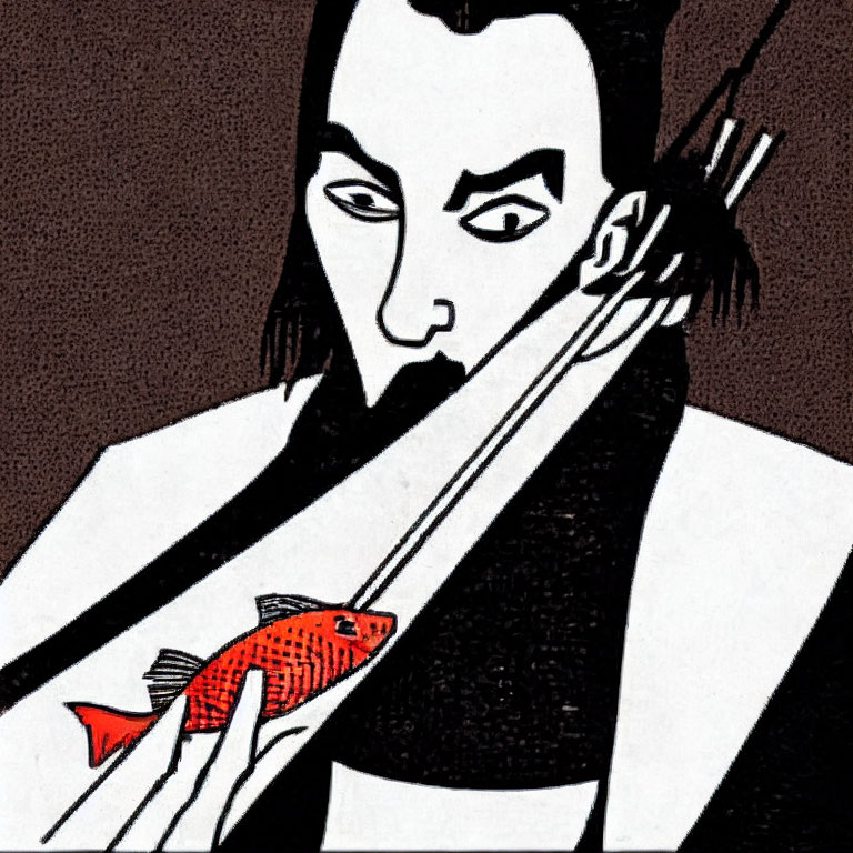 Geometric Stylized Illustration of Person with Goatee Holding Red Fish
