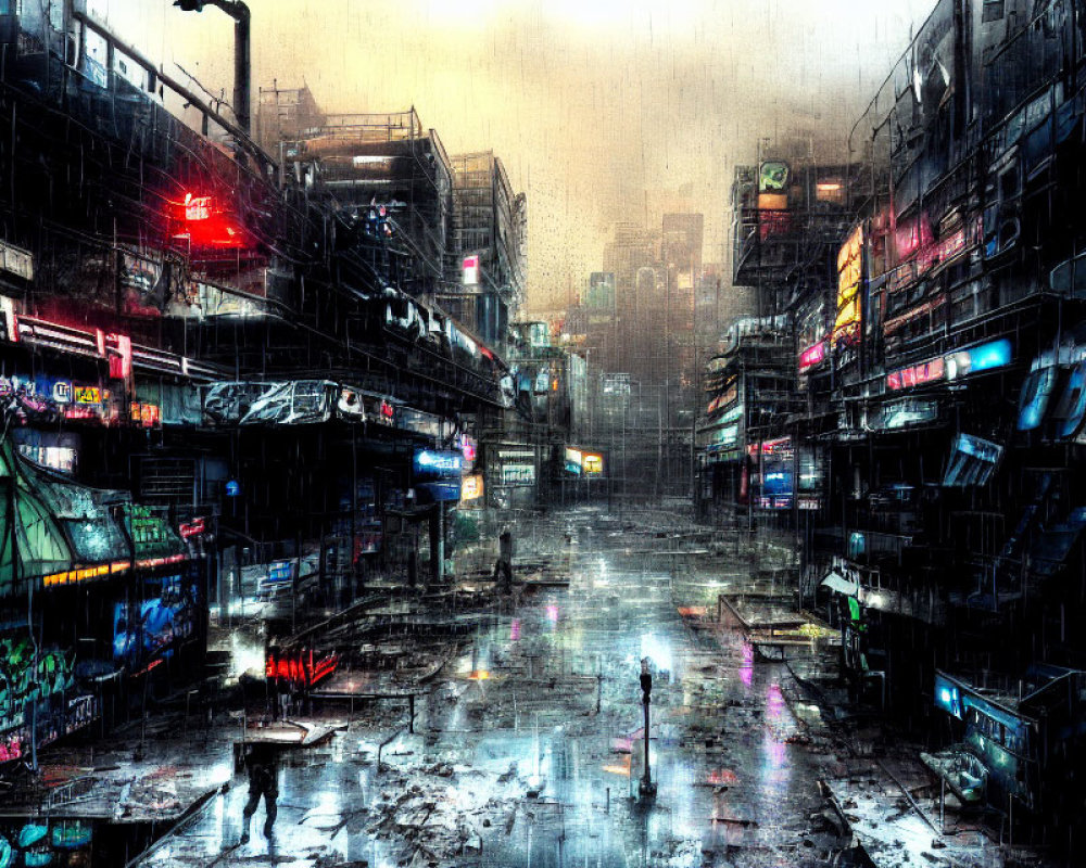 Dystopian rainy cityscape at night with neon signs and silhouetted figures