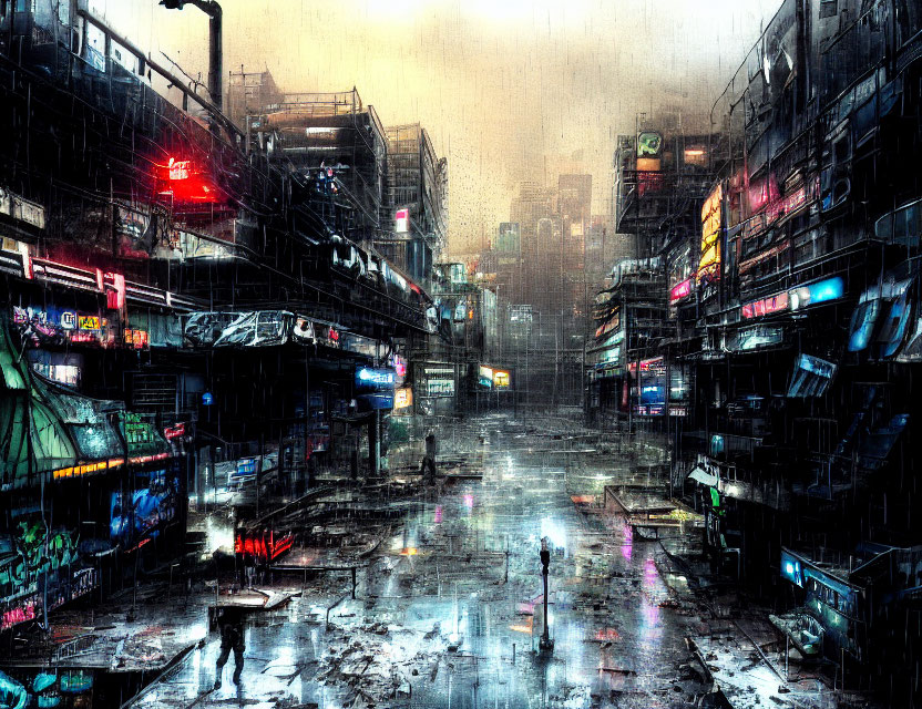 Dystopian rainy cityscape at night with neon signs and silhouetted figures