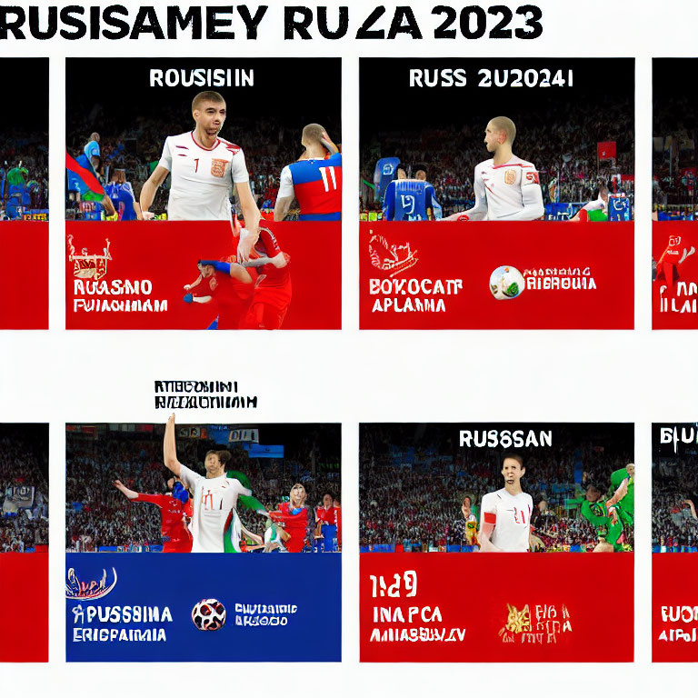 Soccer players in action collage with "RUSSIA 2023" Cyrillic text