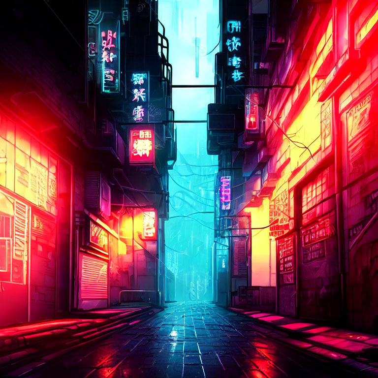 Colorful Cyberpunk Alley with Multilingual Neon Signs