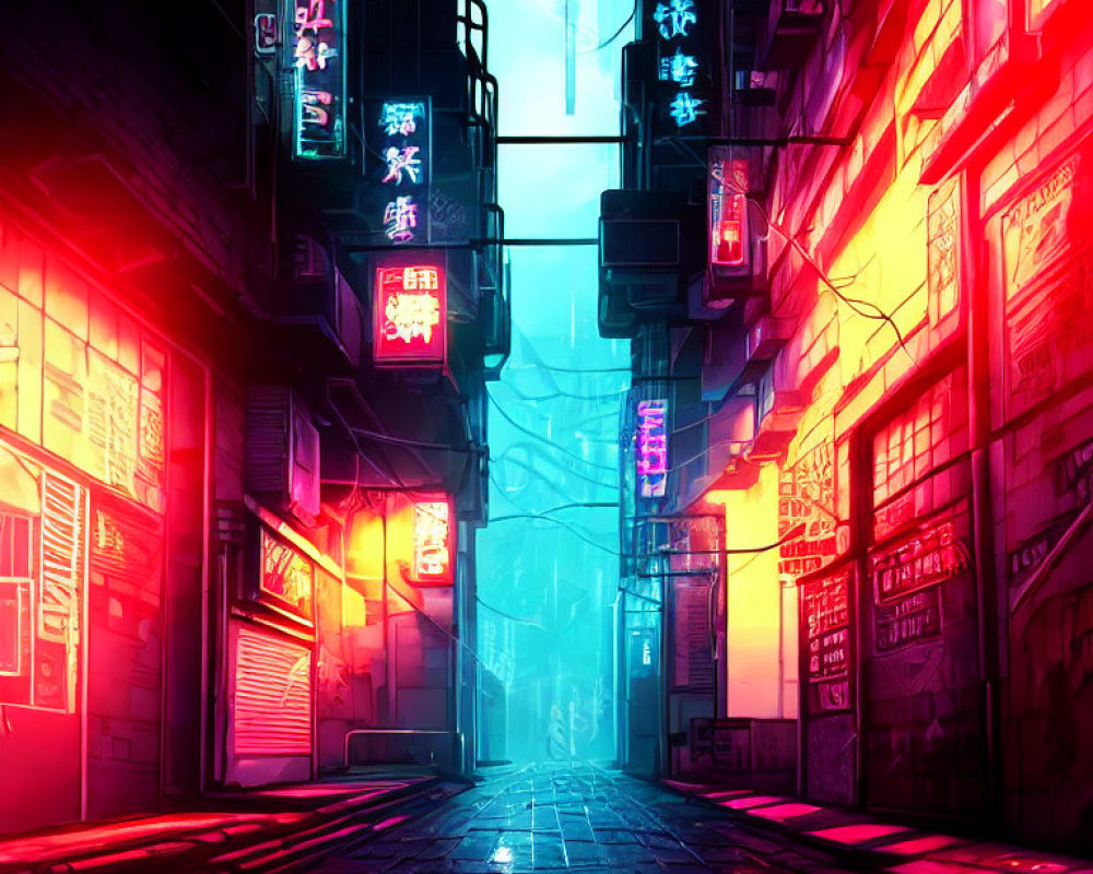 Colorful Cyberpunk Alley with Multilingual Neon Signs