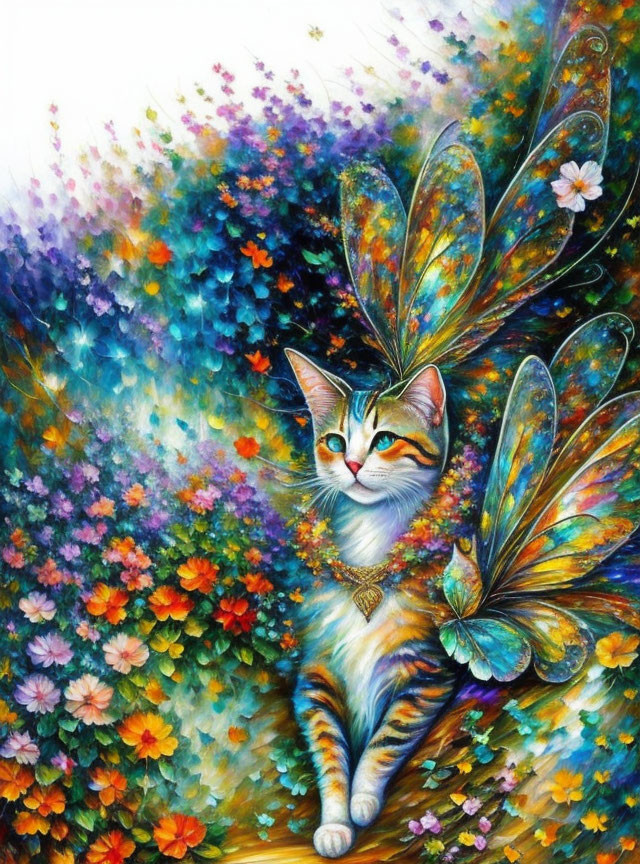 Whimsical cat with butterfly wings in vibrant floral setting