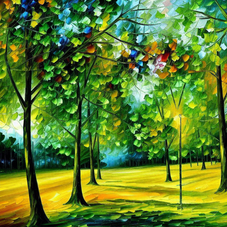 Vibrant impressionist painting of colorful park scene