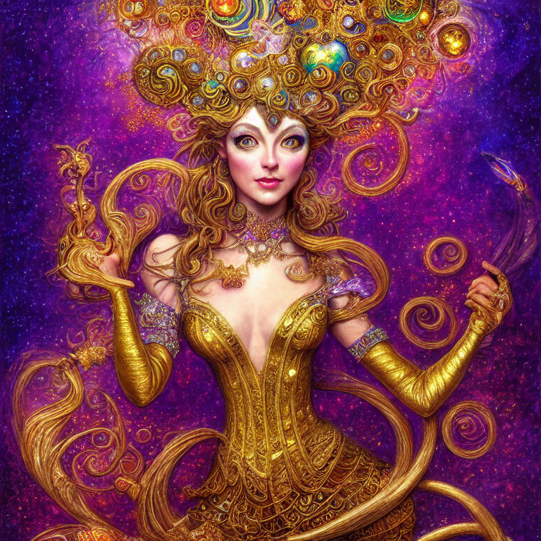 Intricate golden attire woman in swirling purple hues