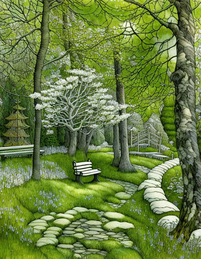 Vibrant green trees, white blossoming tree, stone path, wooden bench, fence in park