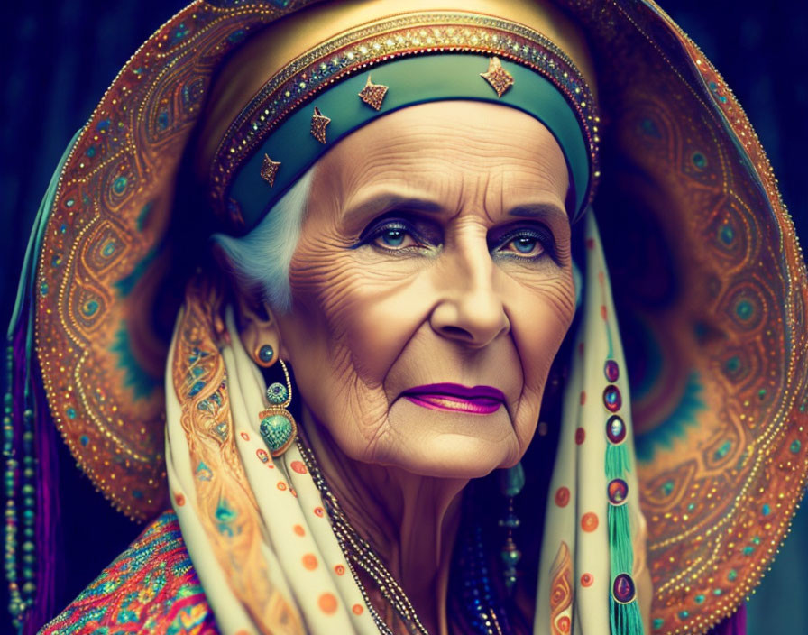 Elderly woman with blue eyes in colorful turban and earrings