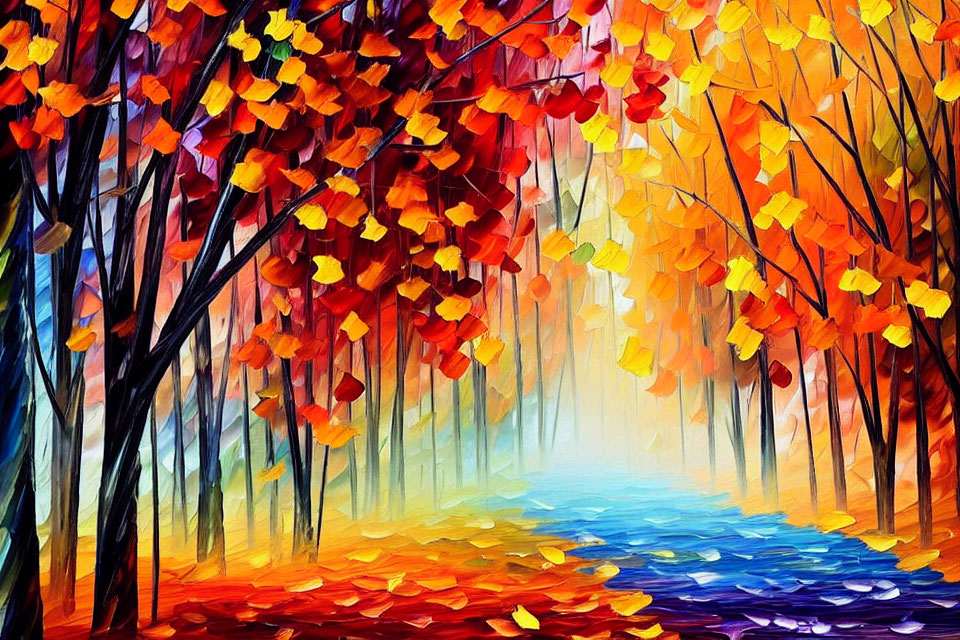 Colorful Stylized Forest Scene with Red, Orange, and Yellow Trees