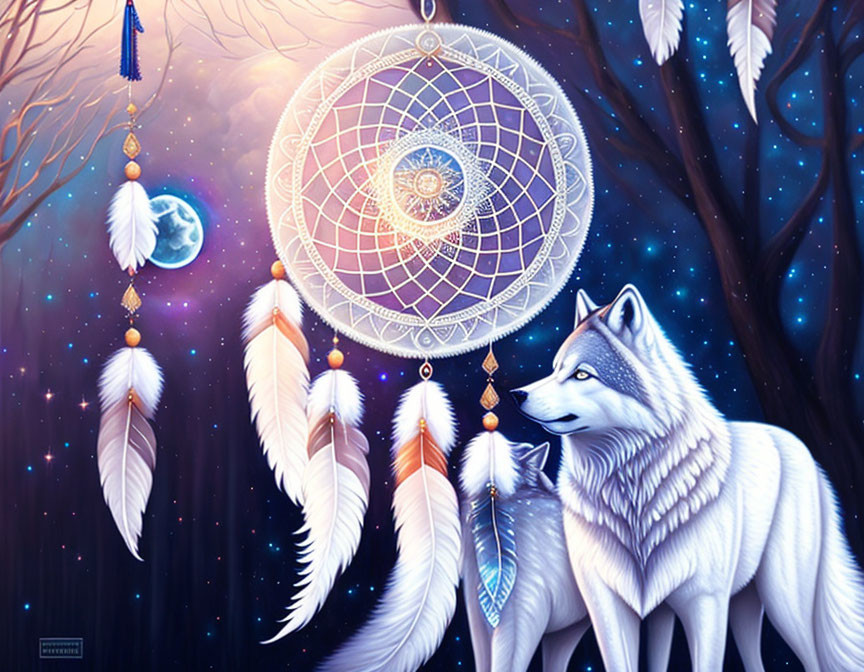 White wolf in moonlit forest with dreamcatcher