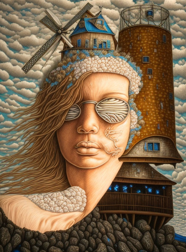 Illustration blending woman's face with architecture elements: windmill hat, tower neck, house eye patch