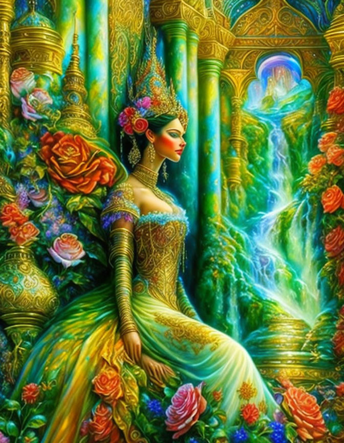 Regal woman in ornate gold and green gown among lush flowers