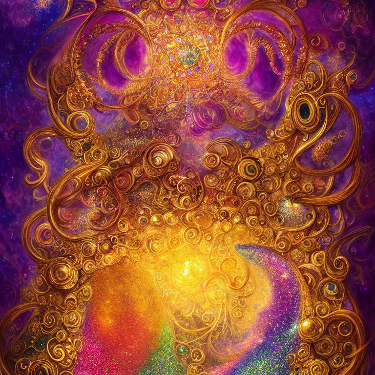 Intricate golden fractal patterns on cosmic purple-orange backdrop