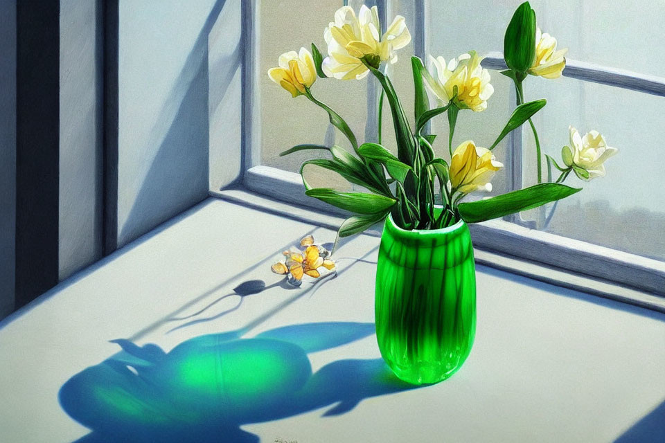 Green Glass Vase with Yellow and White Flowers on Windowsill with Vivid Shadow and Loose Sprig