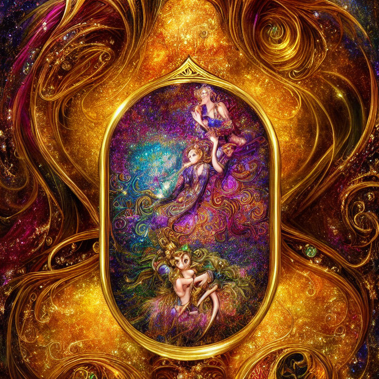 Golden Frame Surrounds Vibrant Cosmic Scene with Ethereal Women