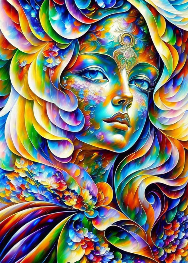 Colorful Stylized Woman's Face with Floral Patterns and Psychedelic Designs