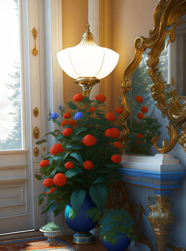 Vibrant orange and blue flowers in vase beside golden mirror on table