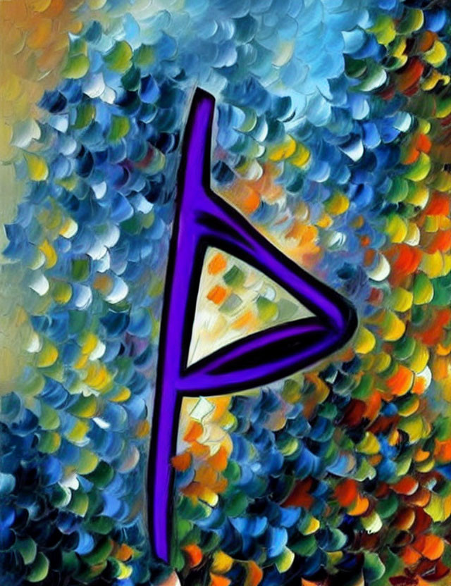 Colorful impressionistic painting with purple play button symbol and mosaic brushstrokes