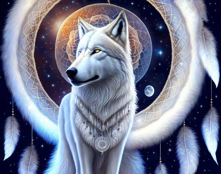 White Wolf with Beads in Cosmic Setting