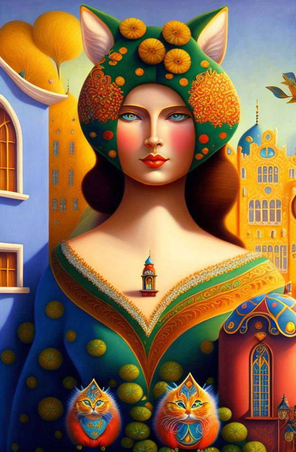 Colorful painting of woman with cat-like features and flowers, set against architectural backdrop.