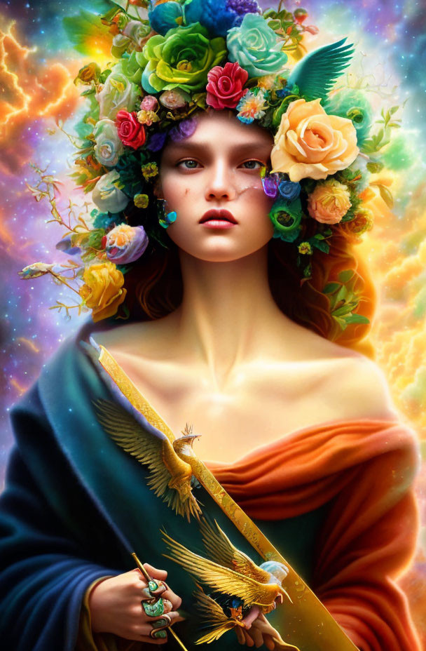 Fantasy portrait of woman with floral wreath, birds, and golden sword in cosmic setting