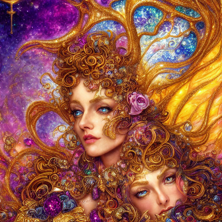 Artwork of Two Women with Golden Hair in Cosmic Setting