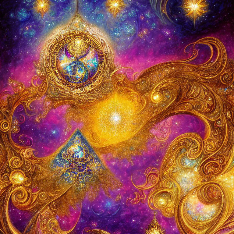 Cosmic-inspired image with swirling golden patterns and nebulae backdrop