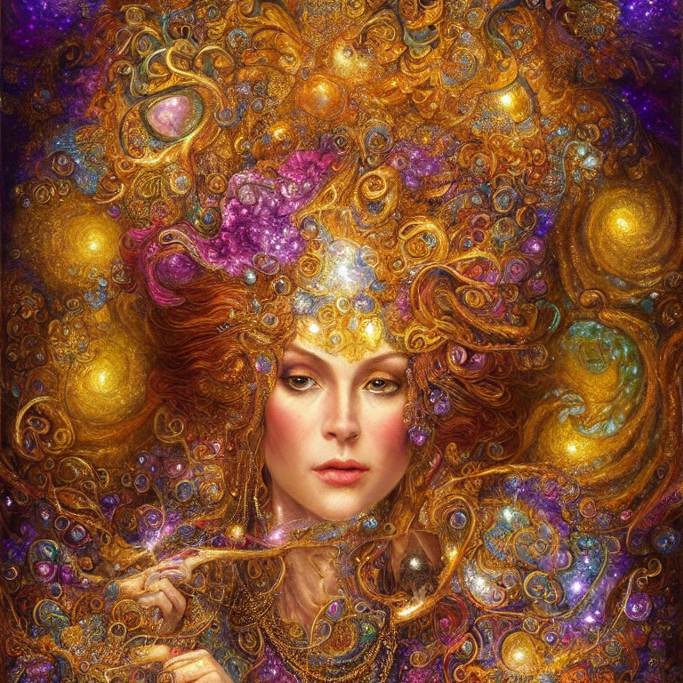 Opulent woman with golden curls and vibrant gems in ornate setting