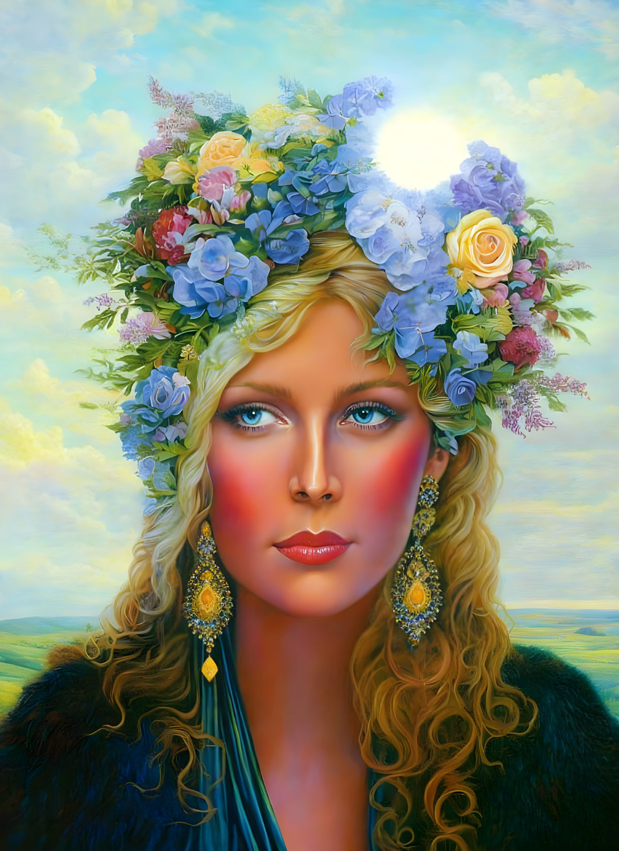 Woman with floral crown, blue eyes, wavy hair, golden earrings, in pastel sky and