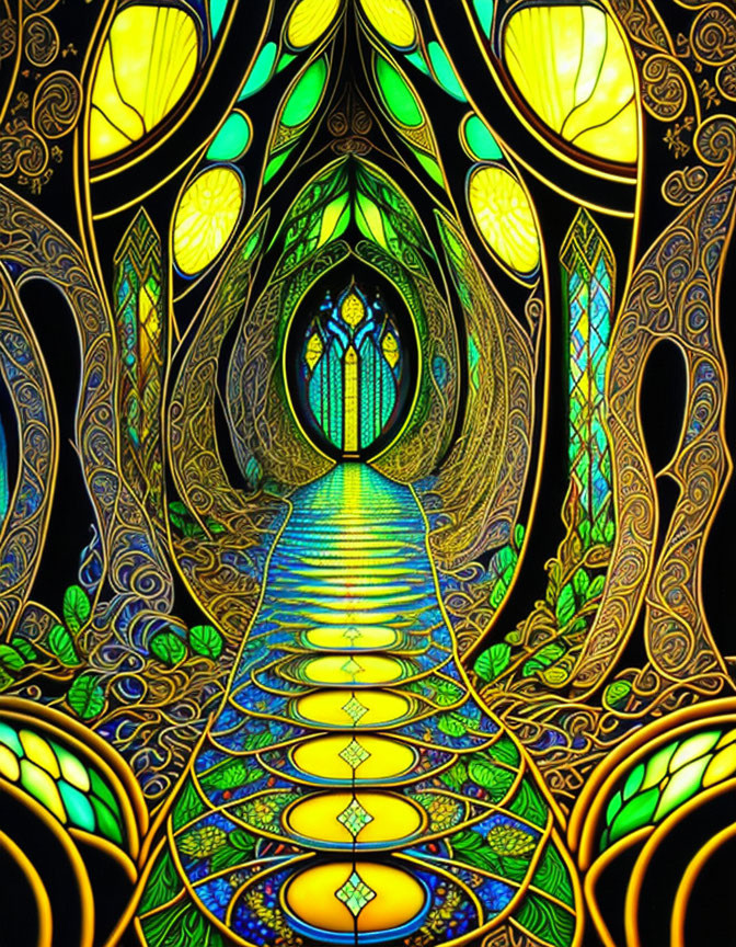 Symmetrical stained glass style illustration with central pathway and glowing light effects