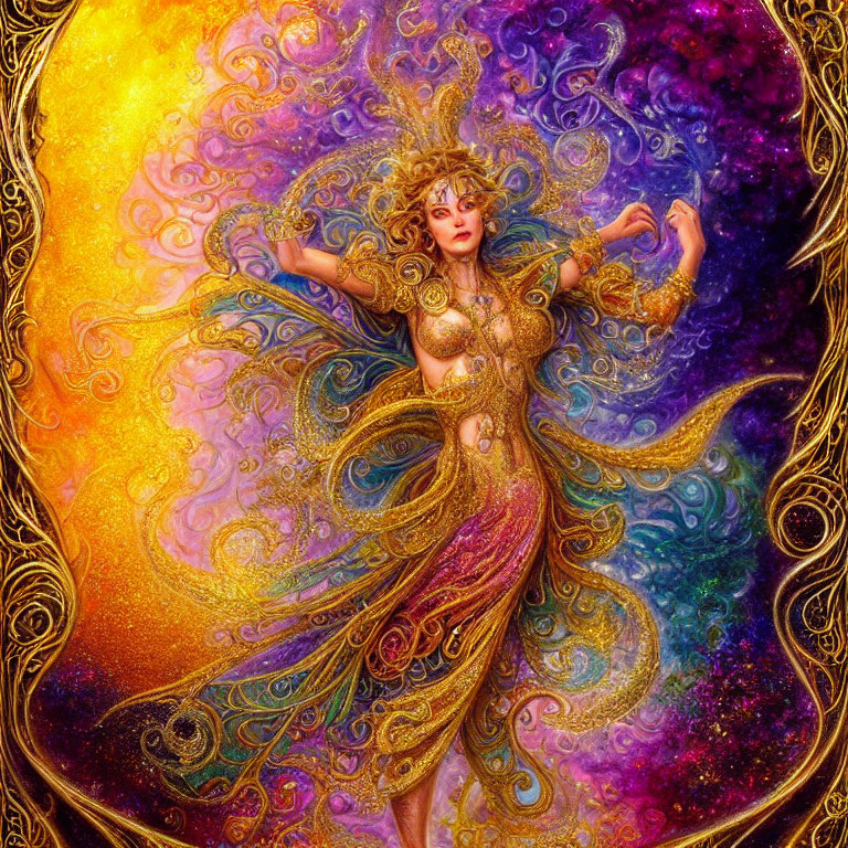 Colorful celestial woman in golden attire amid swirling nebula