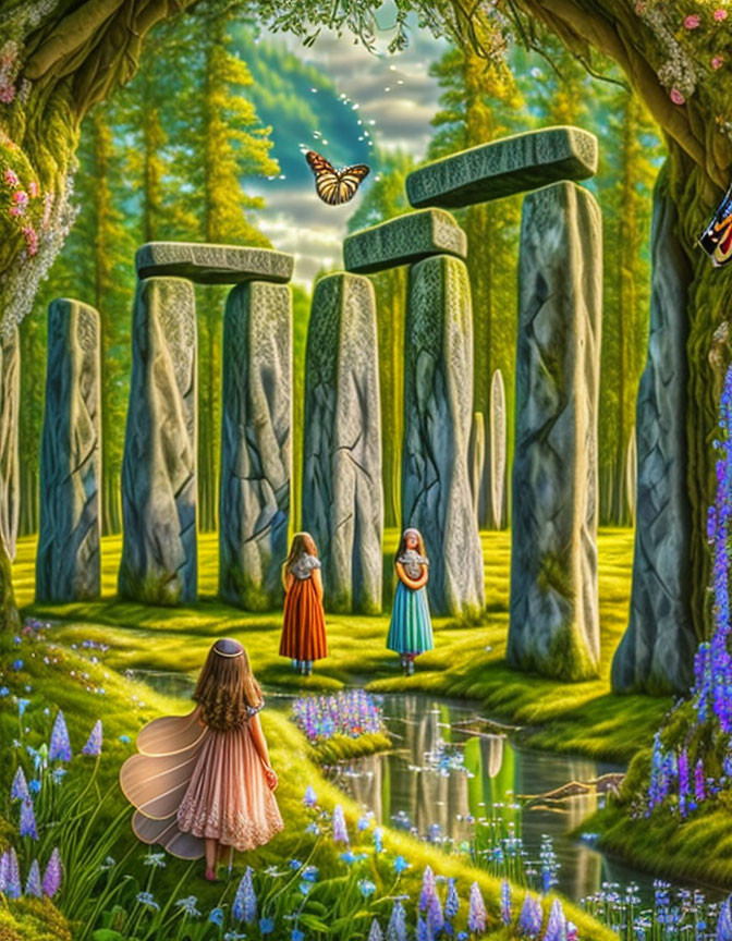 Children in fantasy landscape with stonehenge-like structure and butterflies.