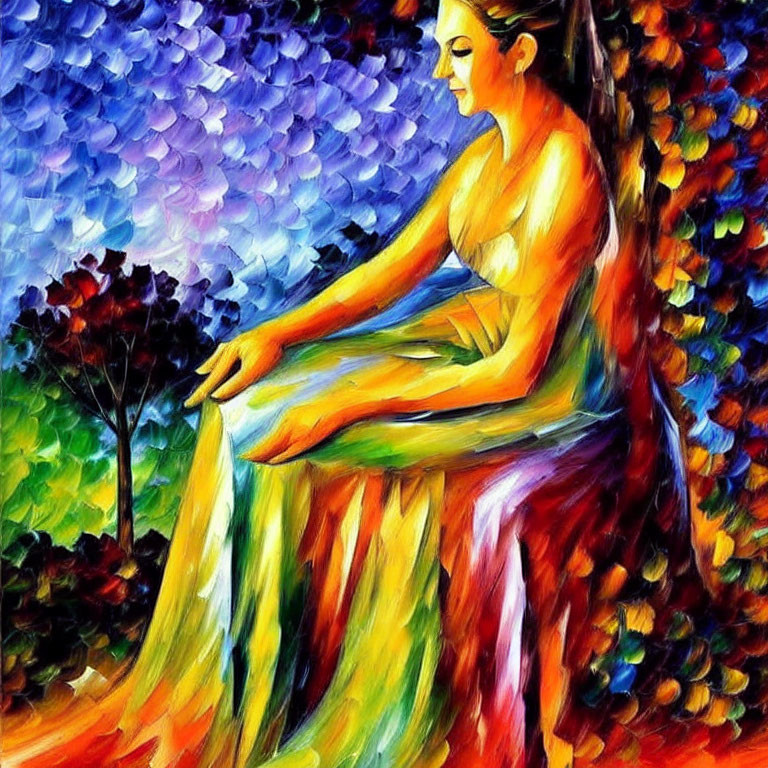 Colorful Impressionistic Painting of Woman Outdoors with Abstract Foliage